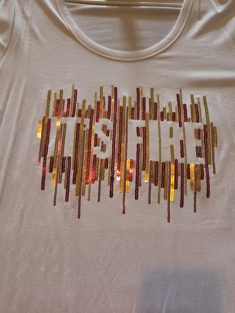 Ashley Stewart White Short Sleeve Tee with Gold and Red Sequin Design